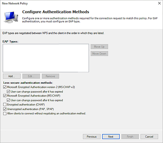Screenshot of the NPS policy authentication methods configuration